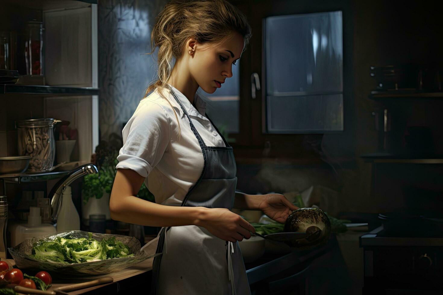 jovem mulher cozinhando dentro a cozinha às lar. saudável comida, dieta e pessoas conceito, fêmea chefe de cozinha dentro cozinha, ai gerado foto