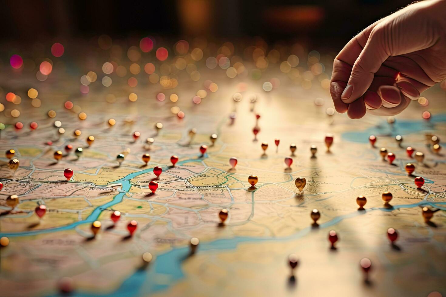 mapa do a cidade do Paris com uma mão tocante uma mapa, encontrar seu caminho. localização marcação com uma PIN em uma mapa com rotas, ai gerado foto