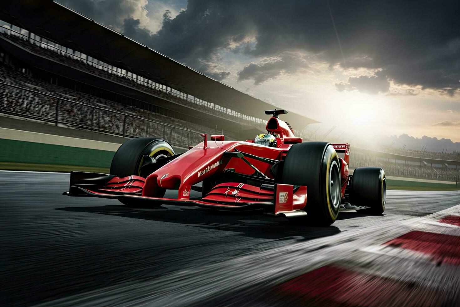 vermelho Fórmula raça carro em rastrear com motorista dentro Ação. 3d Renderização, Ferrari f1 em a acompanhar. esporte carro corrida Fórmula 1 dentro raça acompanhar, ai gerado foto