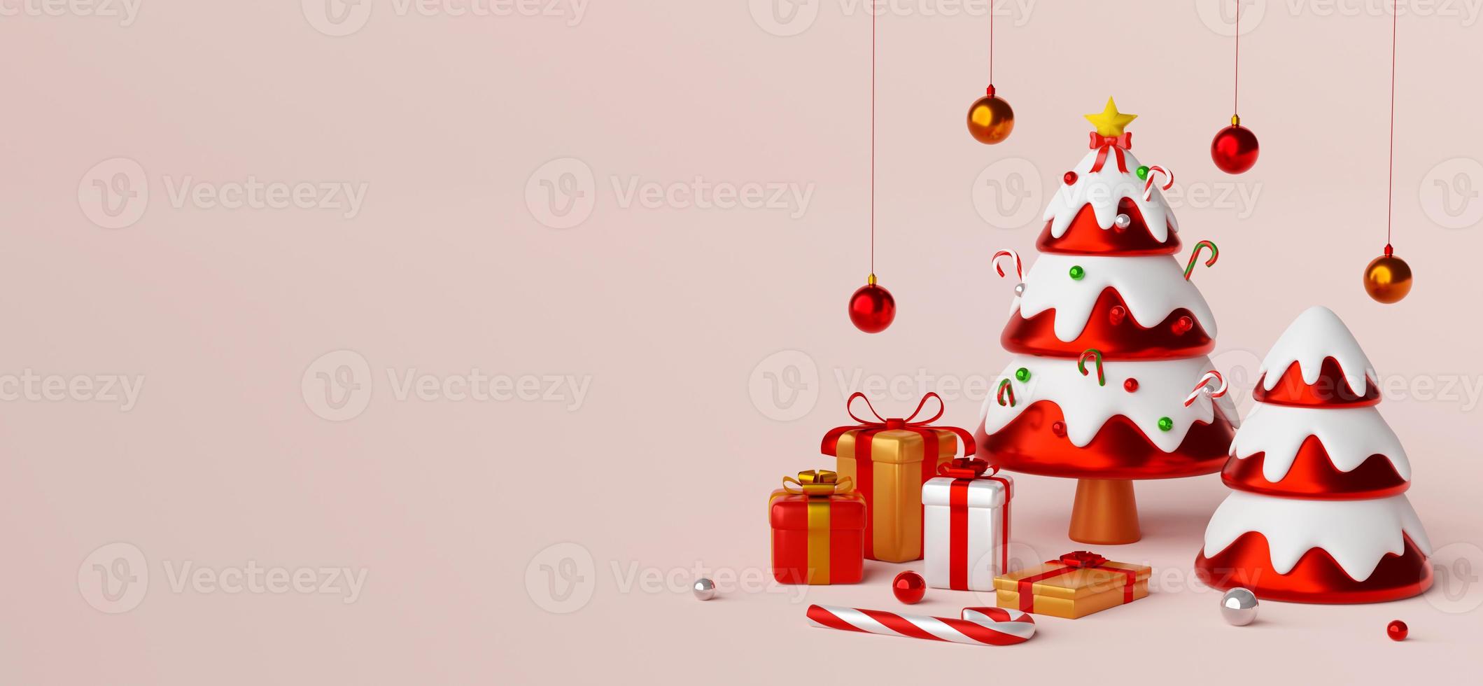 postal de natal da árvore de natal com presentes, ilustração 3D foto
