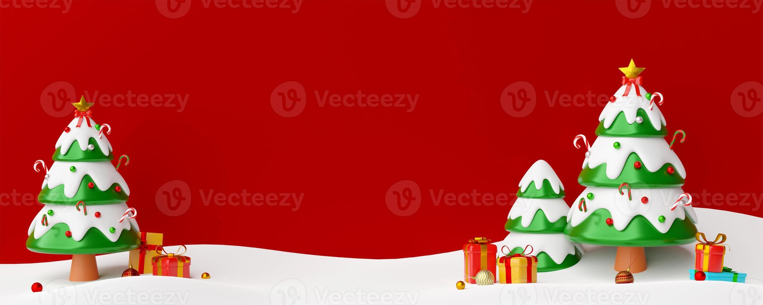 postal de natal da árvore de natal com presentes, ilustração 3D foto