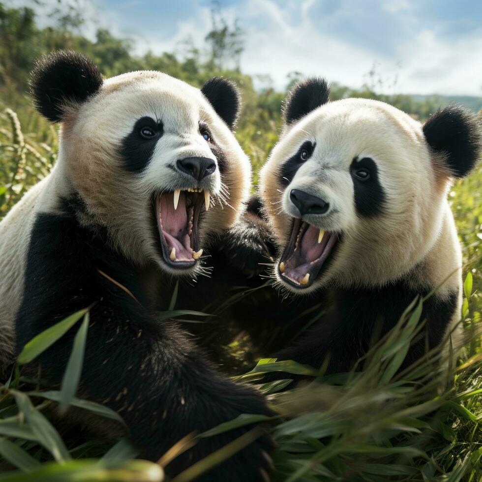 dois pandas de brincadeira luta livre dentro uma gramíneo campo foto