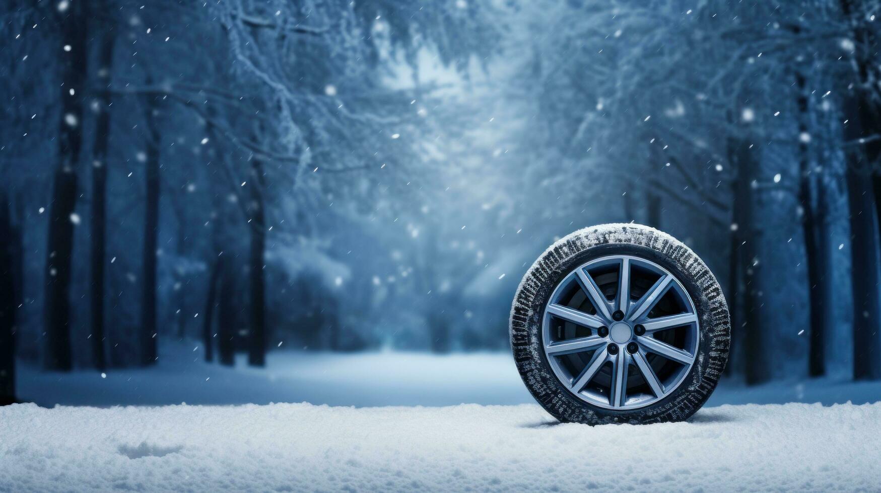 carro pneu com realista flocos de neve em azul fundo foto