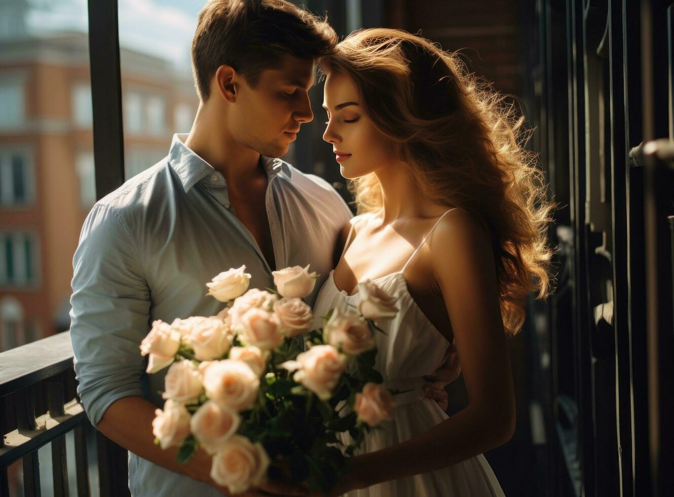 jovem cara e mulher abraço enquanto segurando rosas em a sacada do a cidade foto