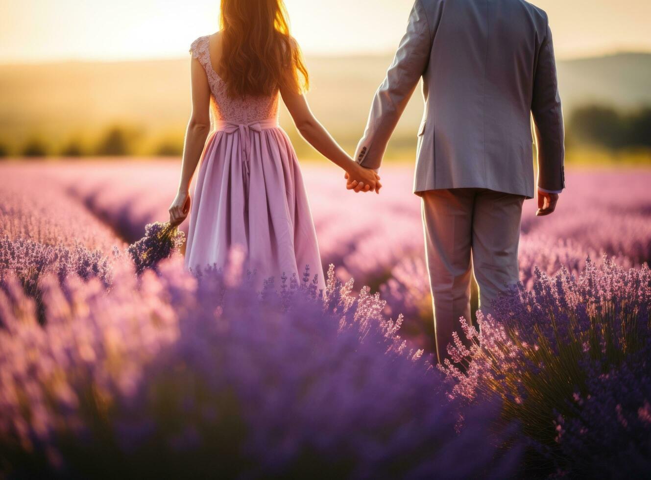 casal segurando mãos dentro lavanda campo foto