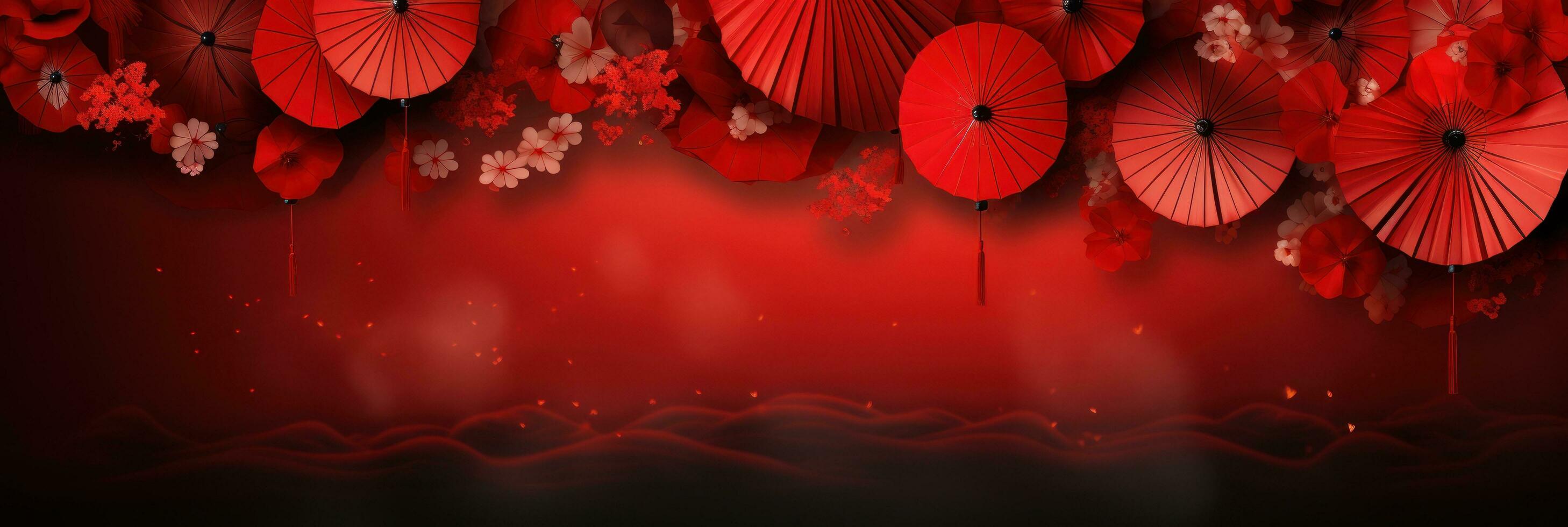 chinês lanternas com ventilador fundo em uma vermelho fundo foto