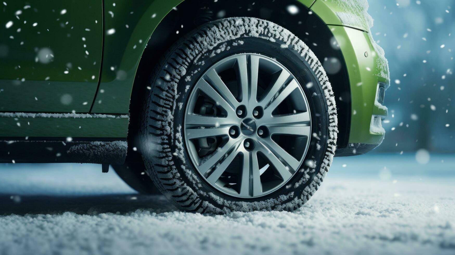 carro pneu com realista flocos de neve em azul fundo foto