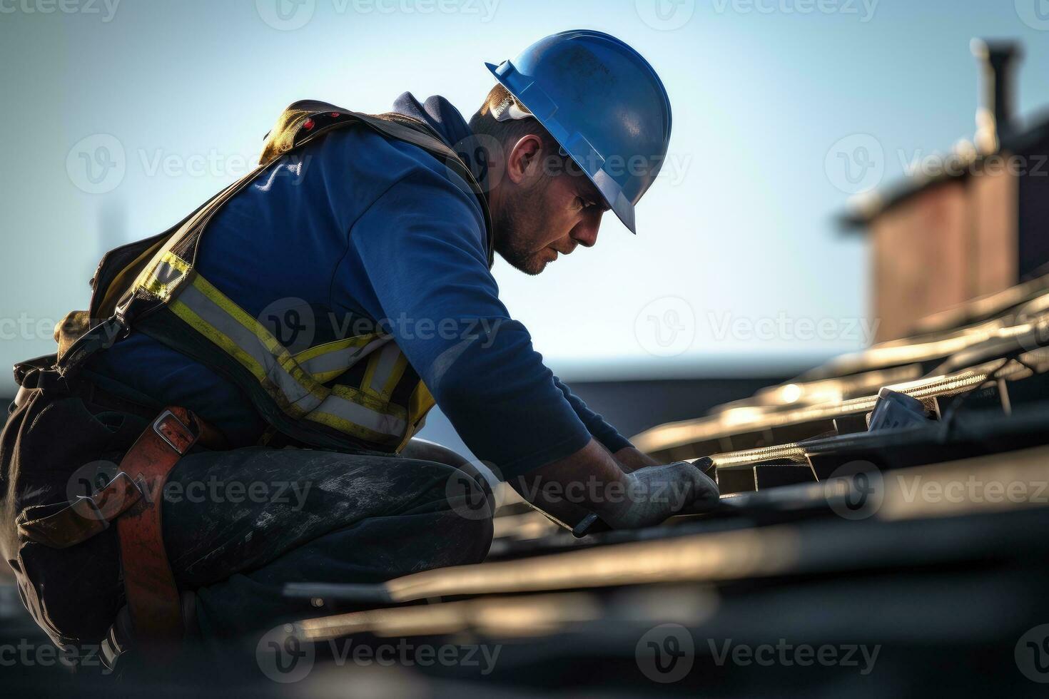 construção trabalhador em a cobertura trabalhando ai generativo foto