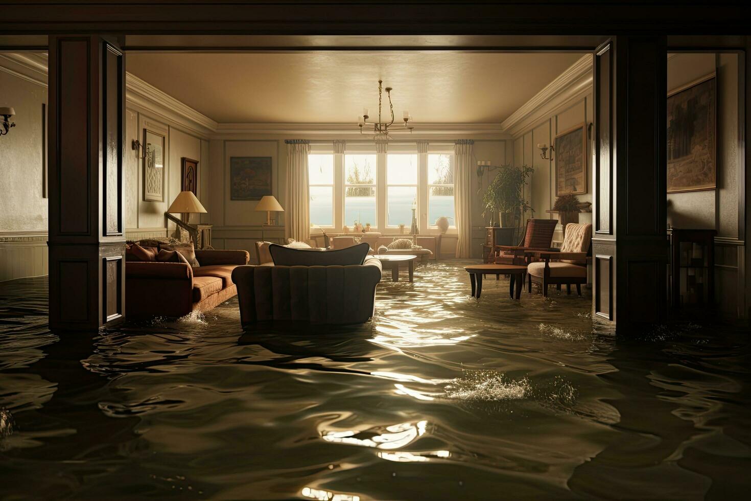 interior do uma hotel natação piscina. 3d render ilustração, inundado casa com quartos cheio do água, ai gerado foto