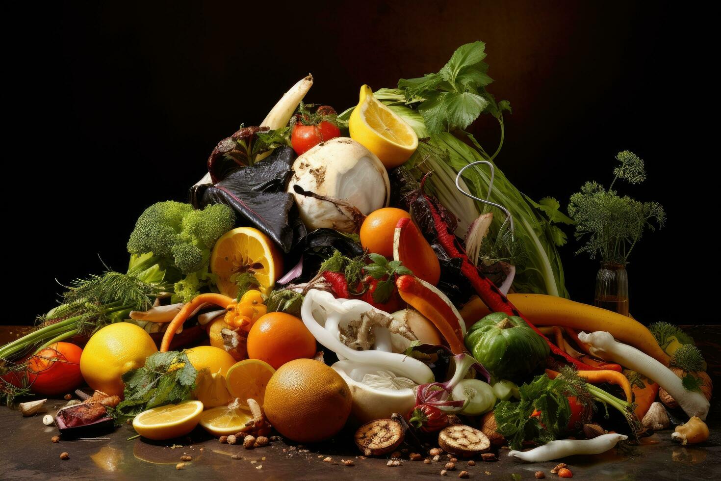 ainda vida com uma muitos do diferente legumes e frutas em uma Sombrio fundo, Comida desperdício, ai gerado foto