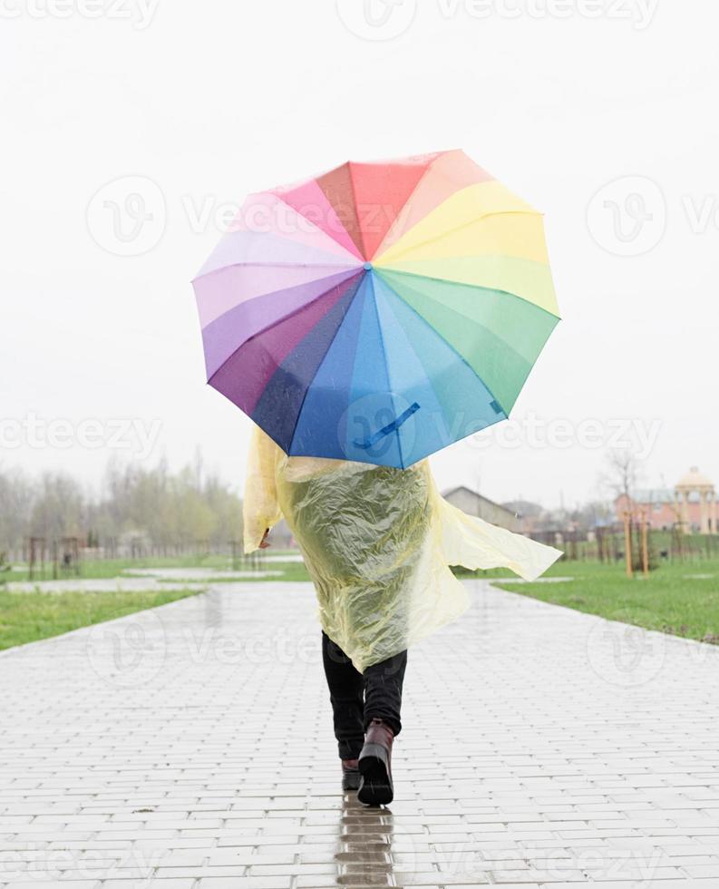 mulher segurando guarda-chuva colorido andando na chuva, vista de trás foto