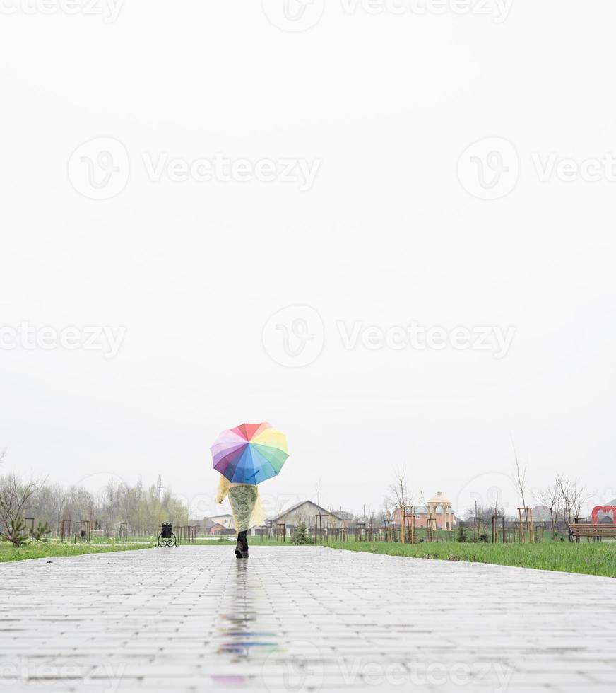 mulher segurando guarda-chuva colorido andando na chuva, vista de trás foto