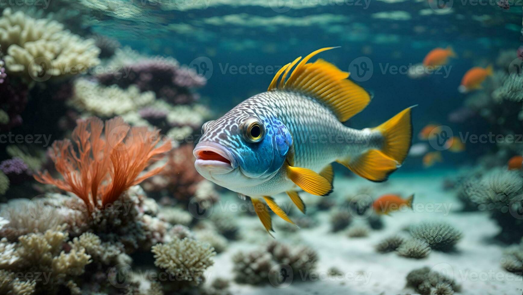 lindo peixe em a solo oceânico e coral recifes embaixo da agua beleza do peixe e coral recifes. ai gerado foto