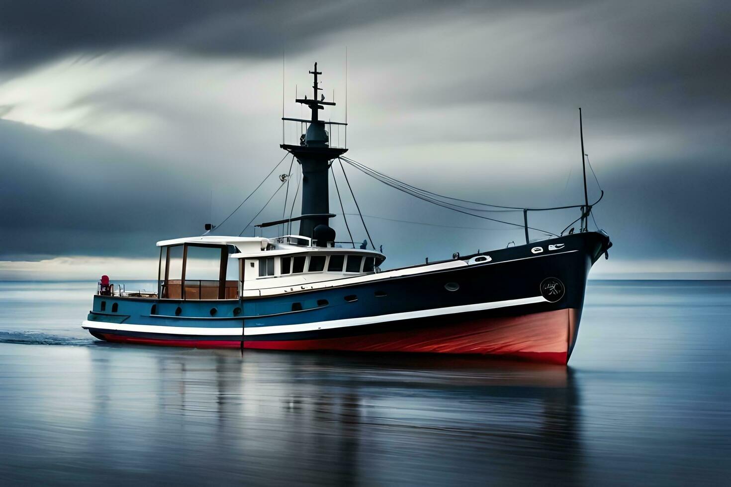 uma barco é Navegando em a oceano debaixo uma tormentoso céu. gerado por IA foto