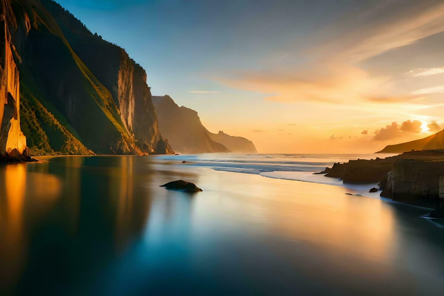 pôr do sol sobre a oceano e falésias. gerado por IA foto