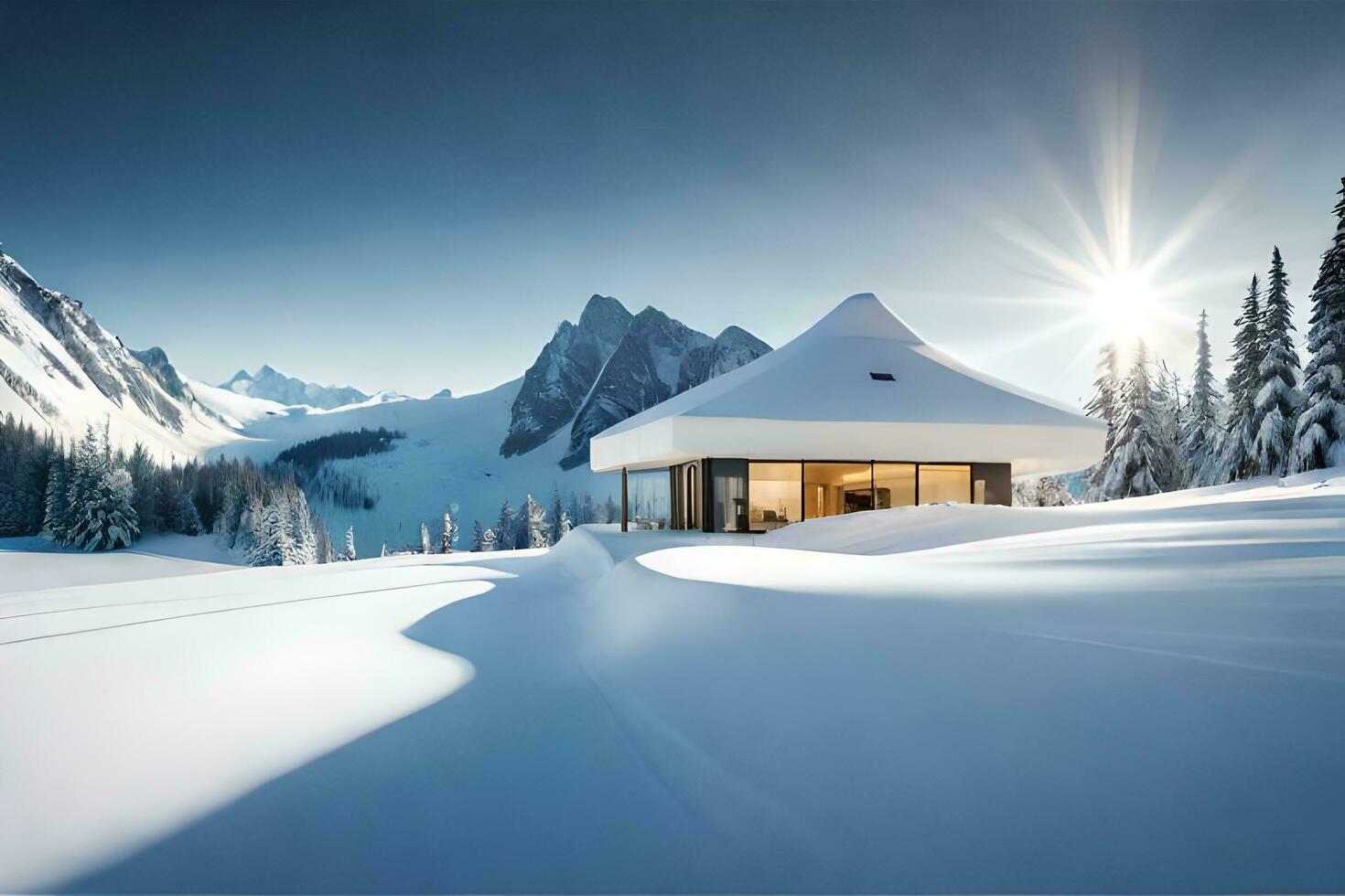 uma casa dentro a neve com montanhas dentro a fundo. gerado por IA foto