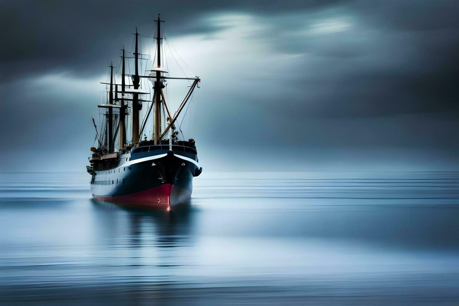 uma navio dentro a oceano debaixo uma tormentoso céu. gerado por IA foto