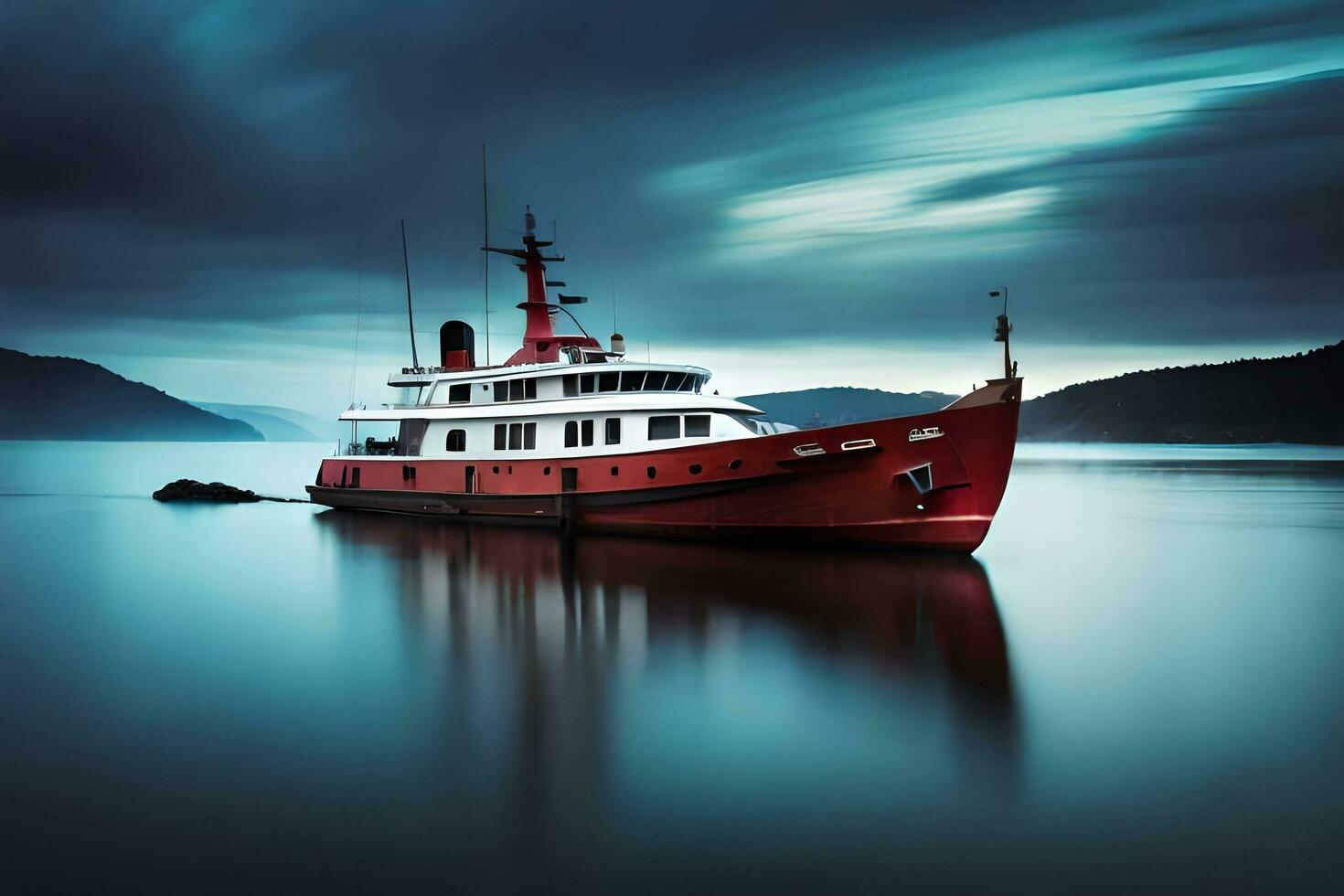uma vermelho barco é flutuando dentro a água. gerado por IA foto