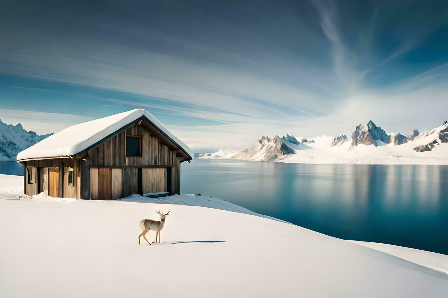 uma veado carrinhos dentro frente do uma cabine dentro a neve. gerado por IA foto