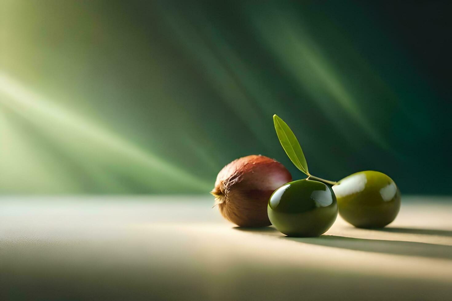 dois azeitonas em uma mesa com uma verde fundo. gerado por IA foto