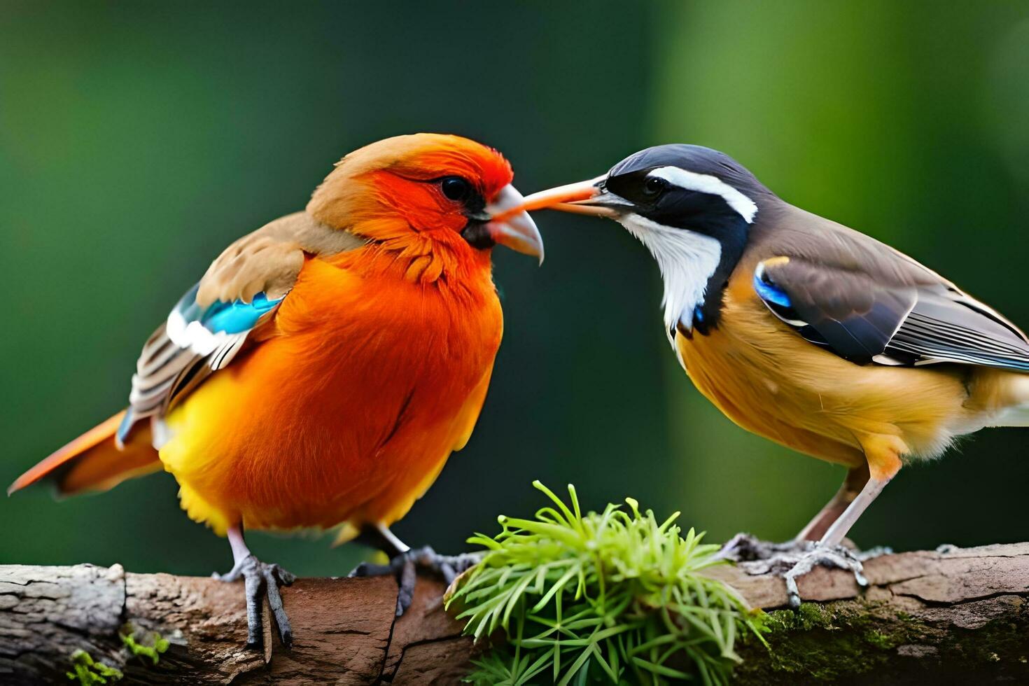 dois colorida pássaros estão em pé em uma ramo. gerado por IA foto