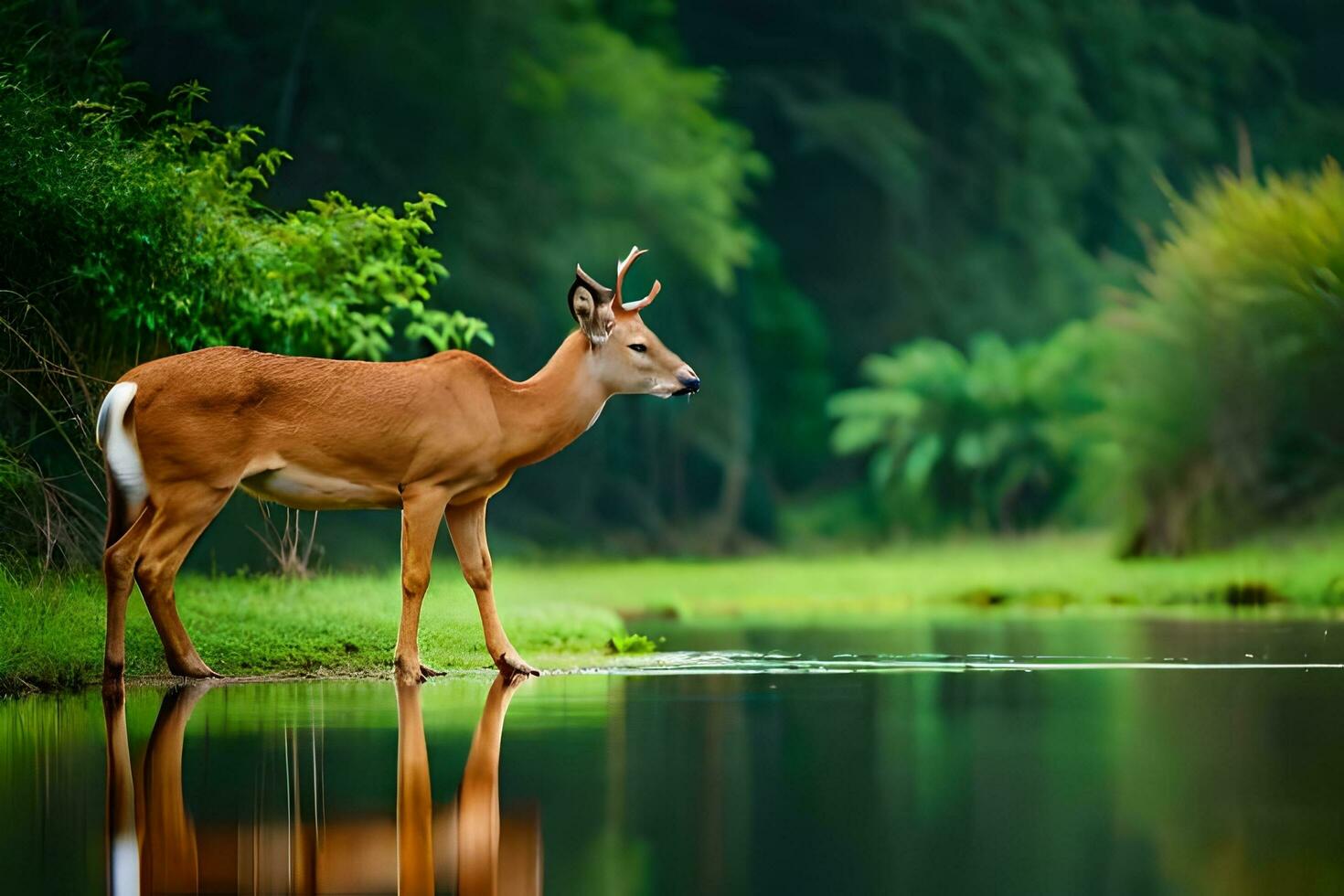 uma veado carrinhos dentro a água perto uma verde floresta. gerado por IA foto