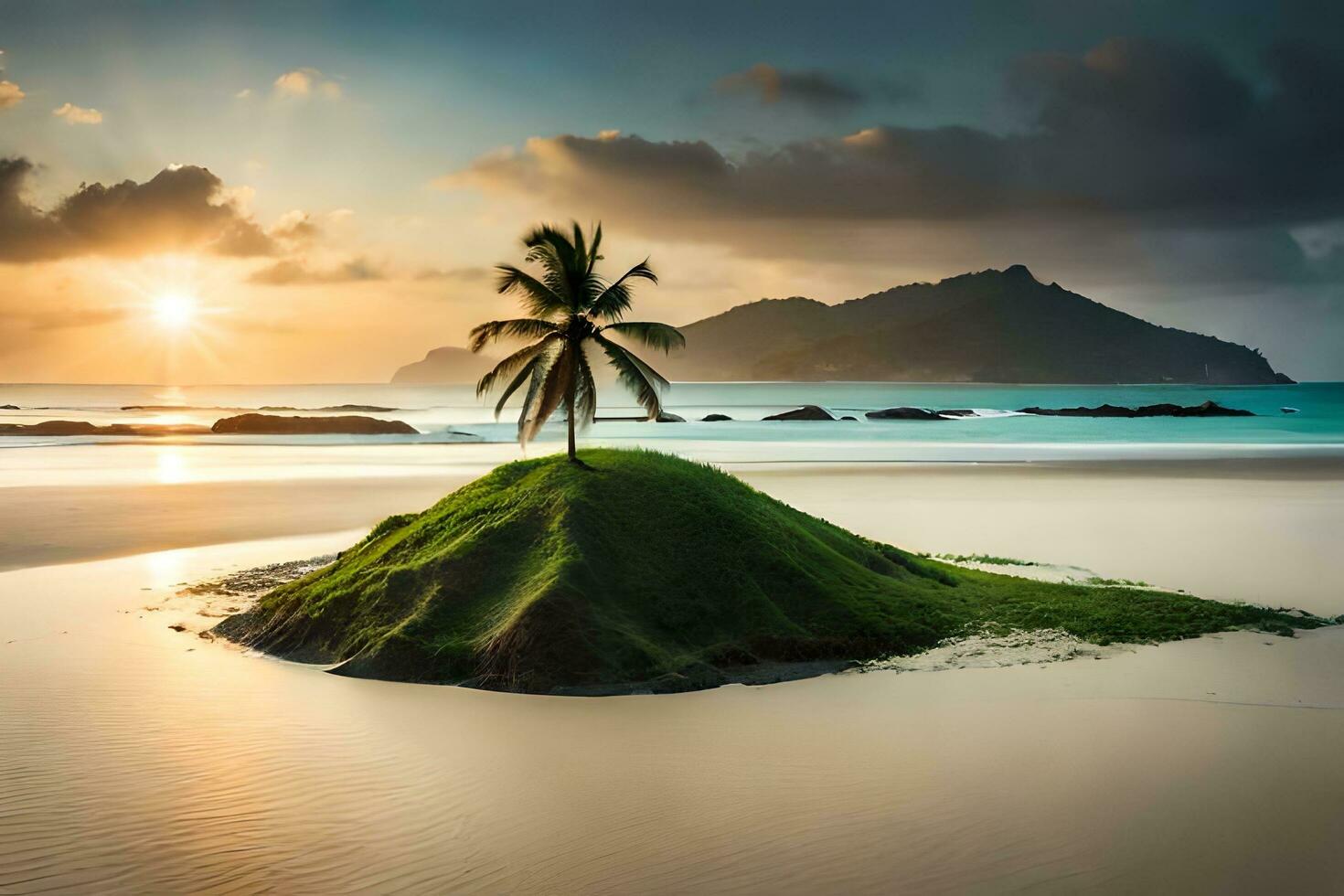 tropical ilha Palma árvore em a de praia às pôr do sol. gerado por IA foto