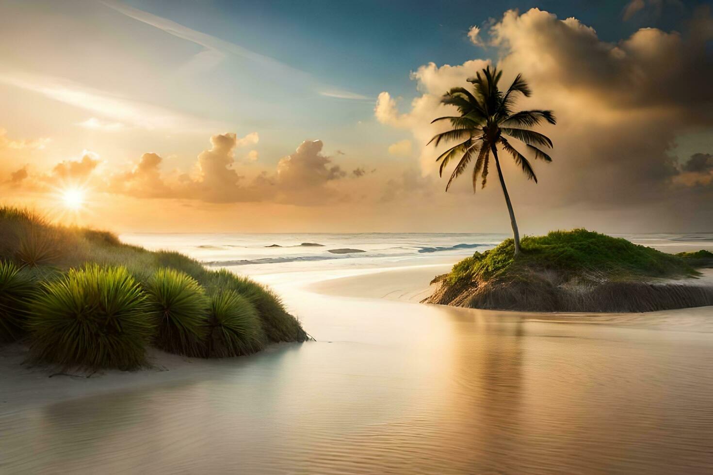 uma Palma árvore em uma de praia às pôr do sol. gerado por IA foto