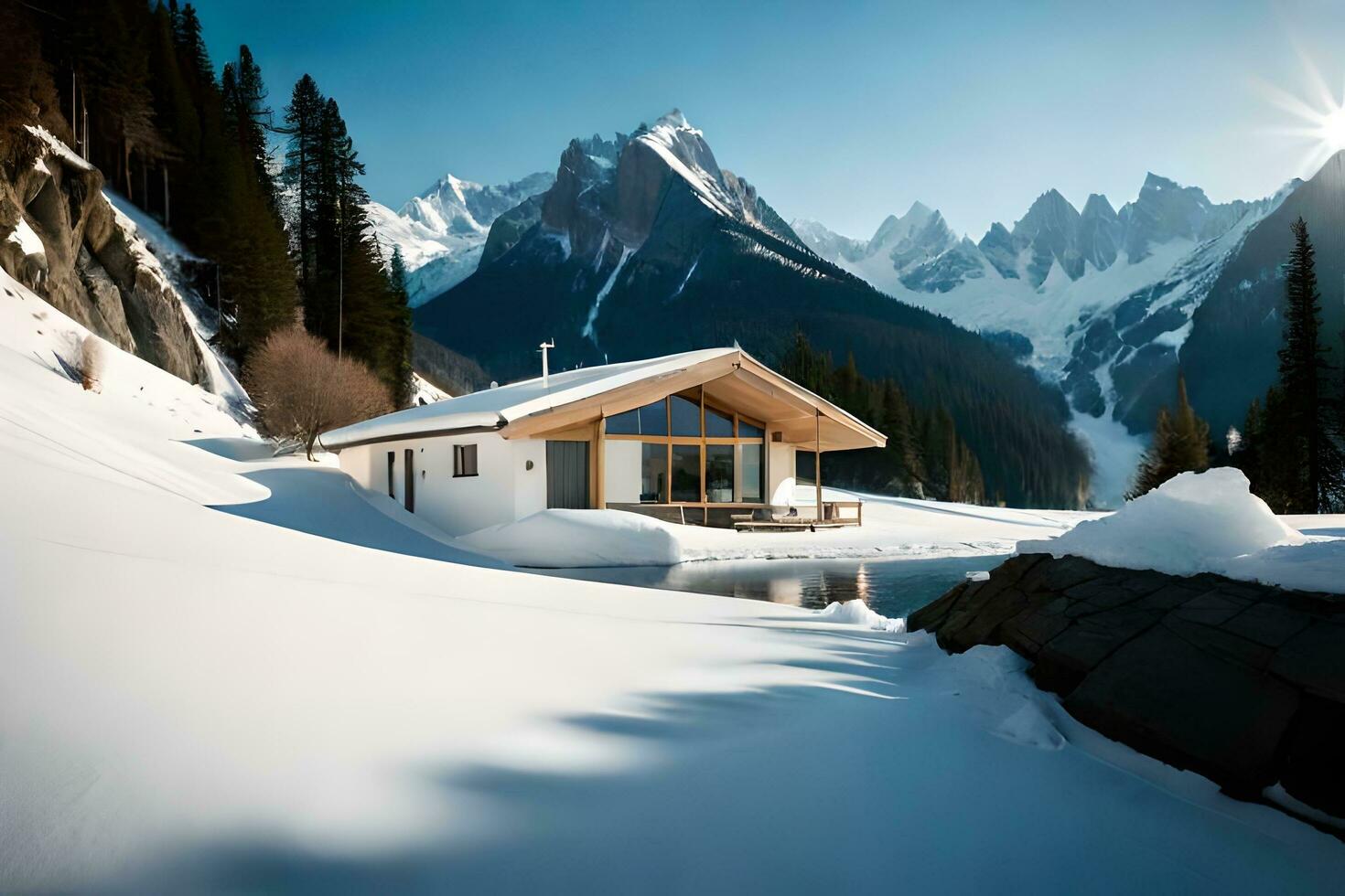 uma cabine dentro a montanhas com neve em a chão. gerado por IA foto