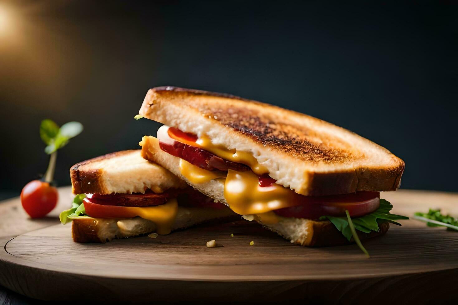 grelhado queijo sanduíche com tomate e queijo em uma de madeira borda. gerado por IA foto