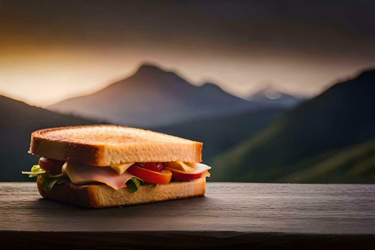 uma sanduíche senta em uma mesa com montanhas dentro a fundo. gerado por IA foto