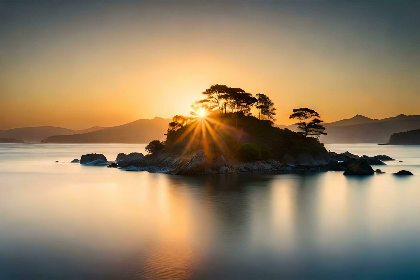 pôr do sol em a ilha dentro a oceano. gerado por IA foto