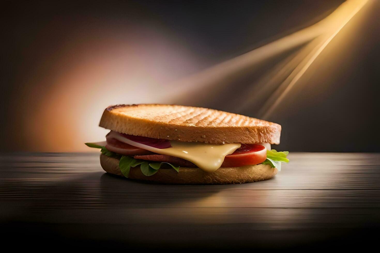uma sanduíche com queijo e tomates em uma de madeira mesa. gerado por IA foto