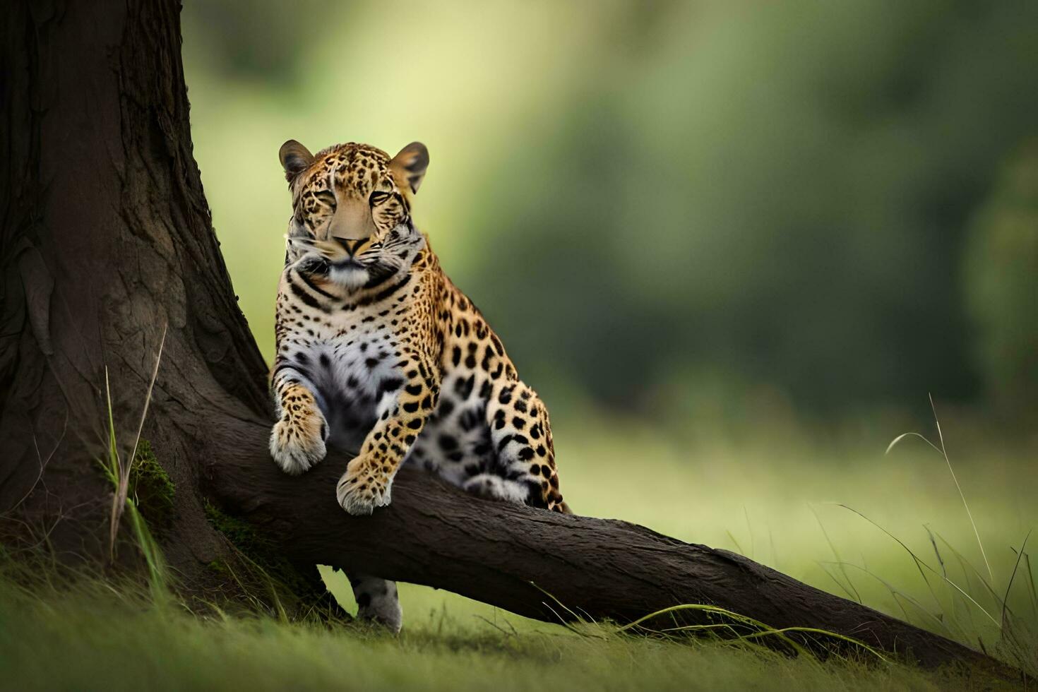 uma leopardo sentado em uma árvore ramo dentro a grama. gerado por IA foto