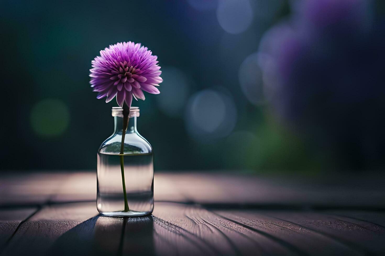 roxa flor dentro uma vidro garrafa em uma de madeira mesa. gerado por IA foto