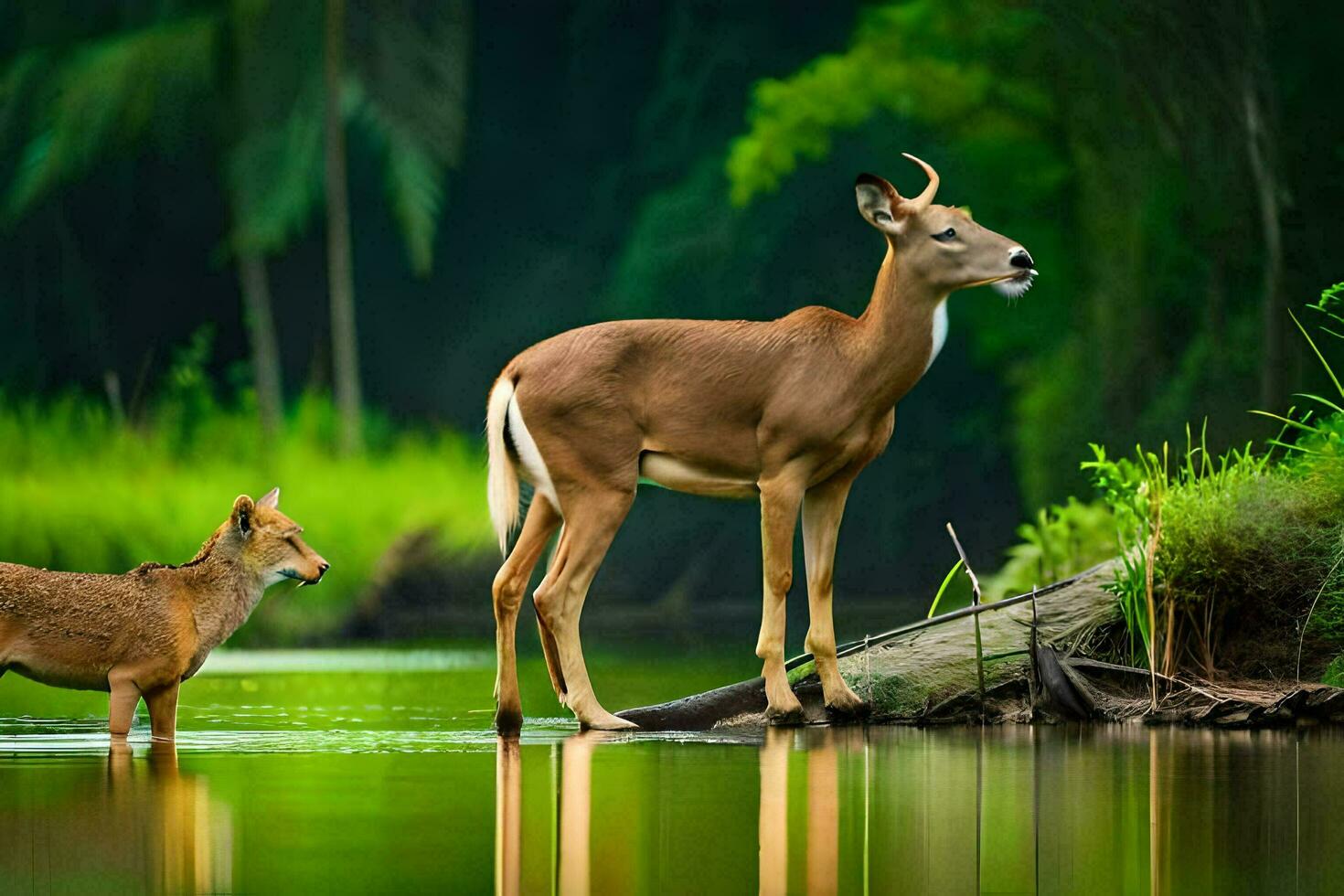 dois veado em pé dentro a água perto uma rio. gerado por IA foto