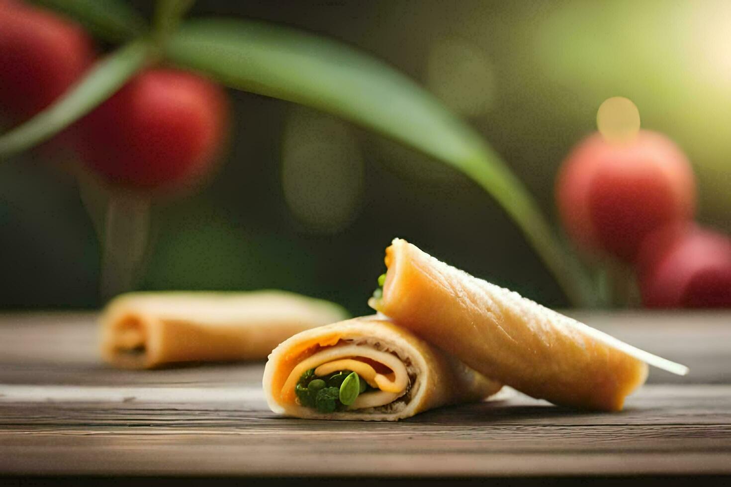 dois rolos do Comida em uma de madeira mesa. gerado por IA foto