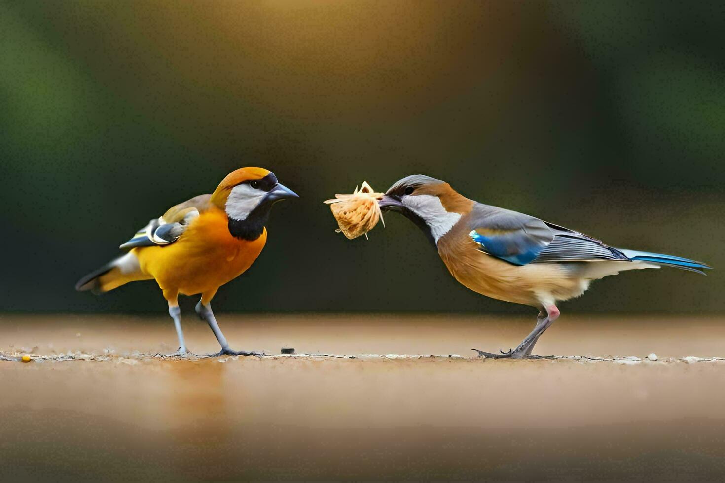 dois pássaros comendo Comida em a chão. gerado por IA foto