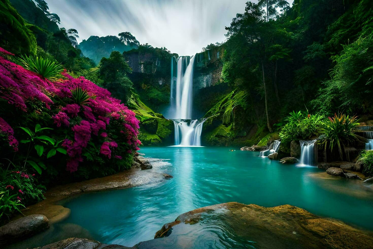 lindo cascata dentro a selva com colorida flores gerado por IA foto