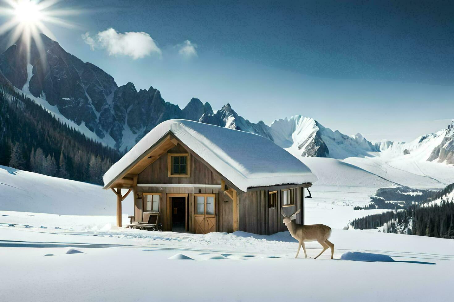 uma veado carrinhos dentro frente do uma cabine dentro a neve. gerado por IA foto