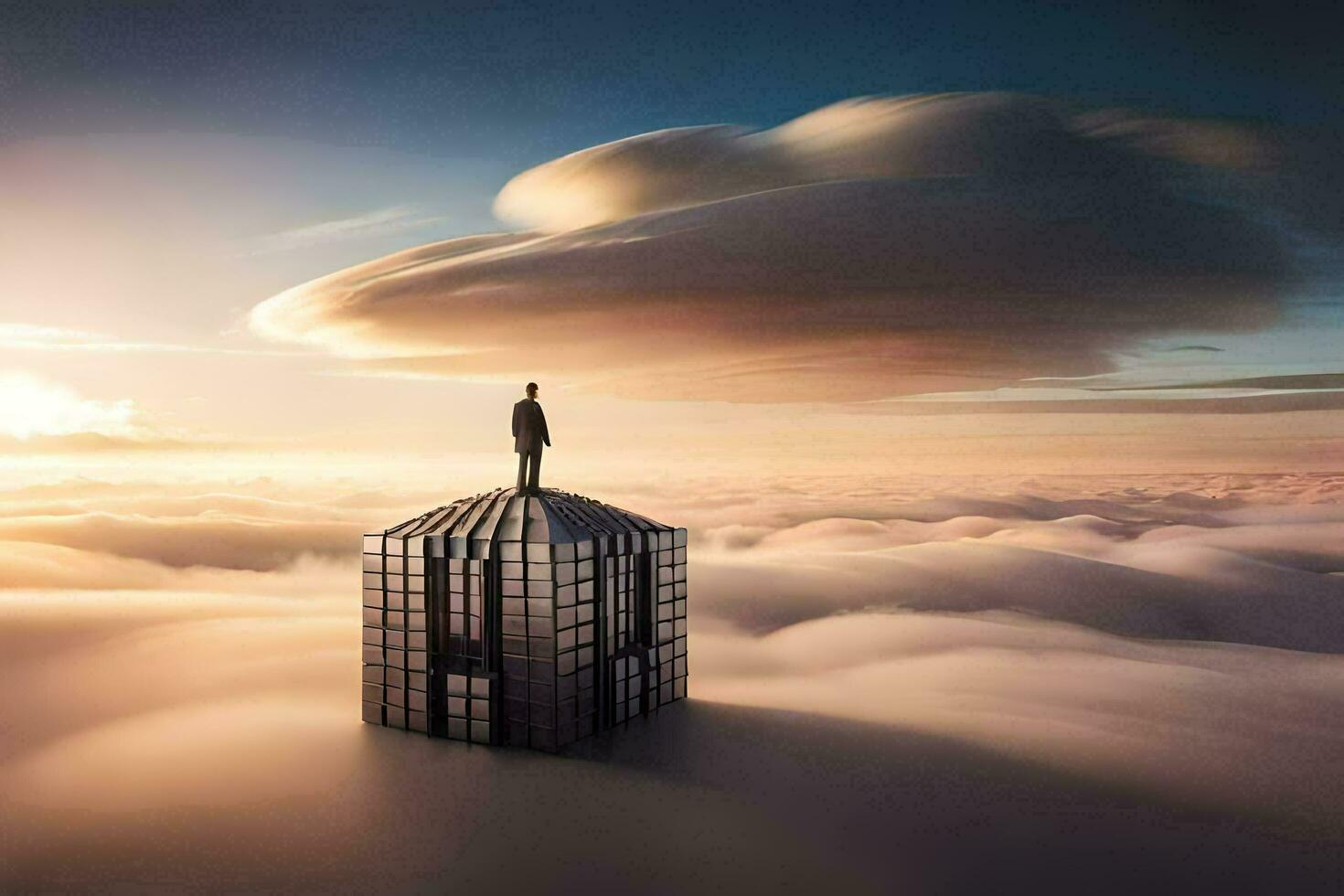 uma homem carrinhos em topo do uma construção dentro a nuvens. gerado por IA foto