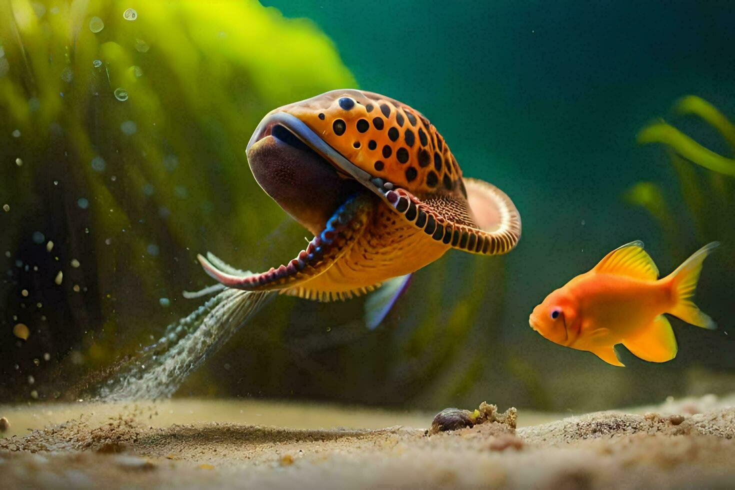 a polvo e uma peixe natação dentro a aquário. gerado por IA foto