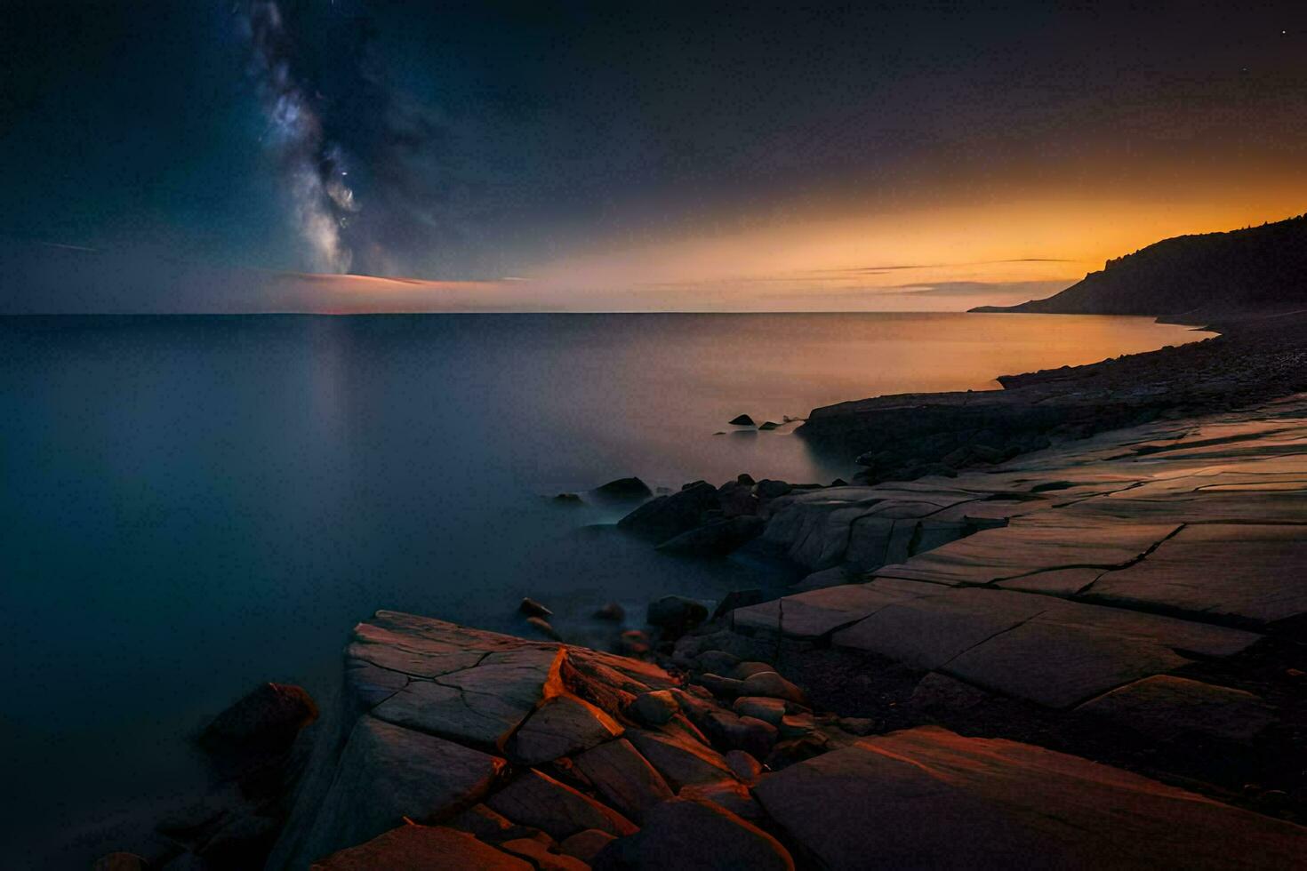 a leitoso caminho sobre a oceano às noite. gerado por IA foto