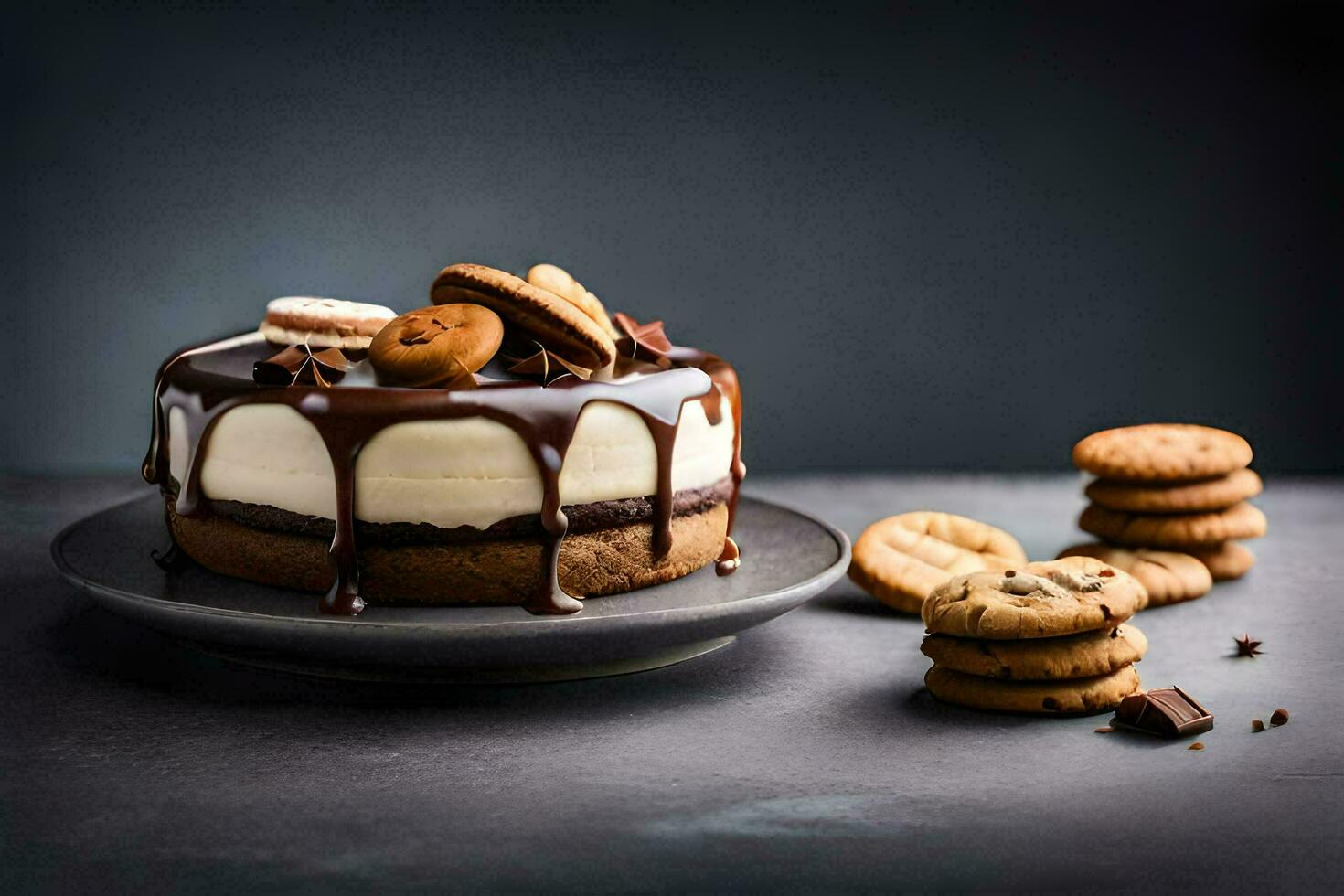 uma chocolate bolo com biscoitos e creme em uma placa. gerado por IA foto