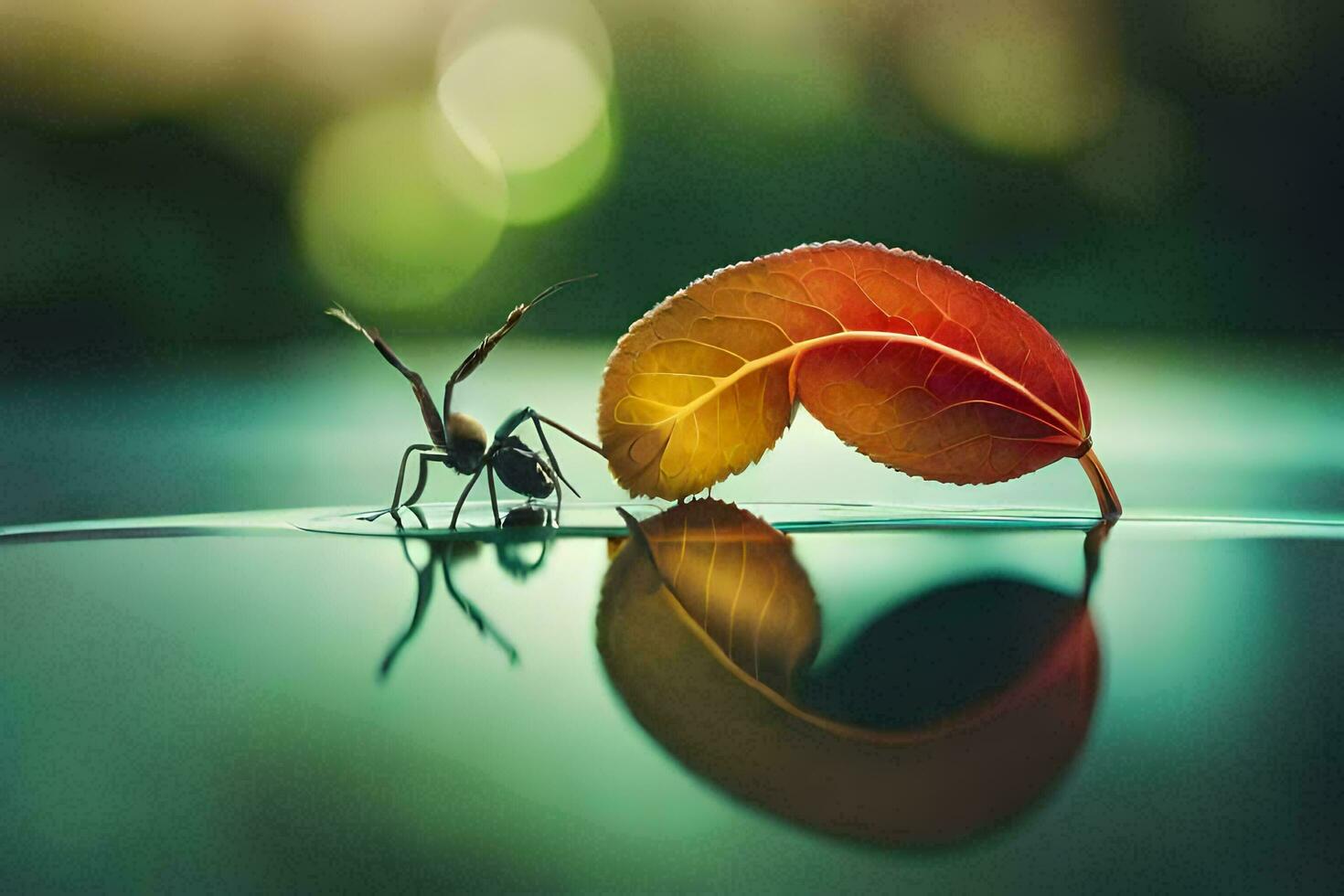 uma folha e formiga em a água. gerado por IA foto