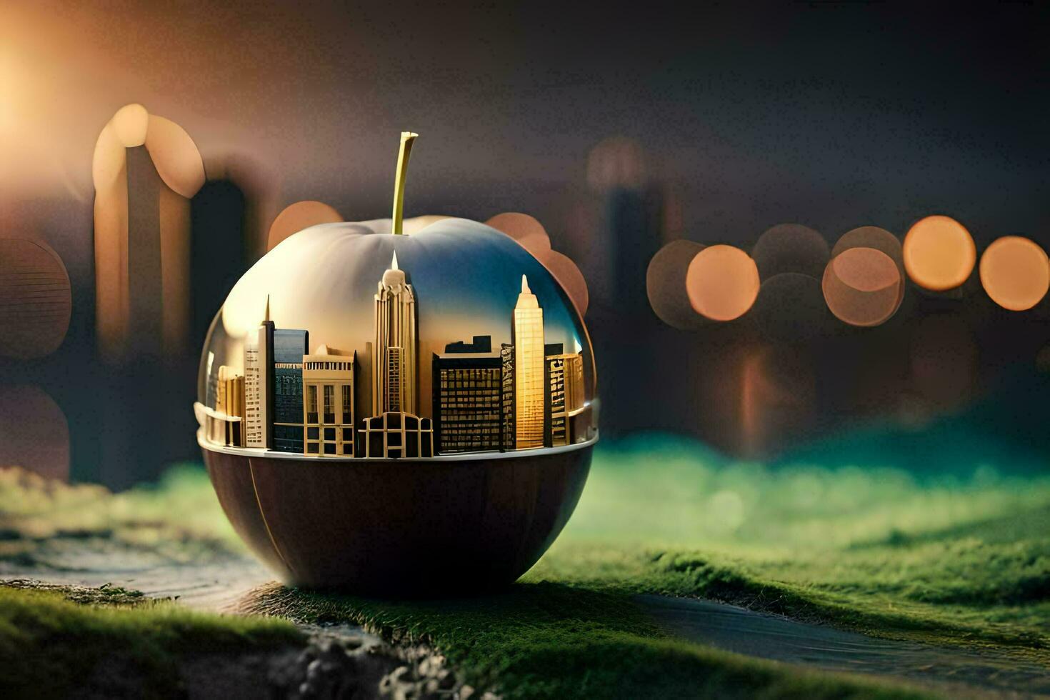 a maçã com uma paisagem urbana dentro a meio. gerado por IA foto