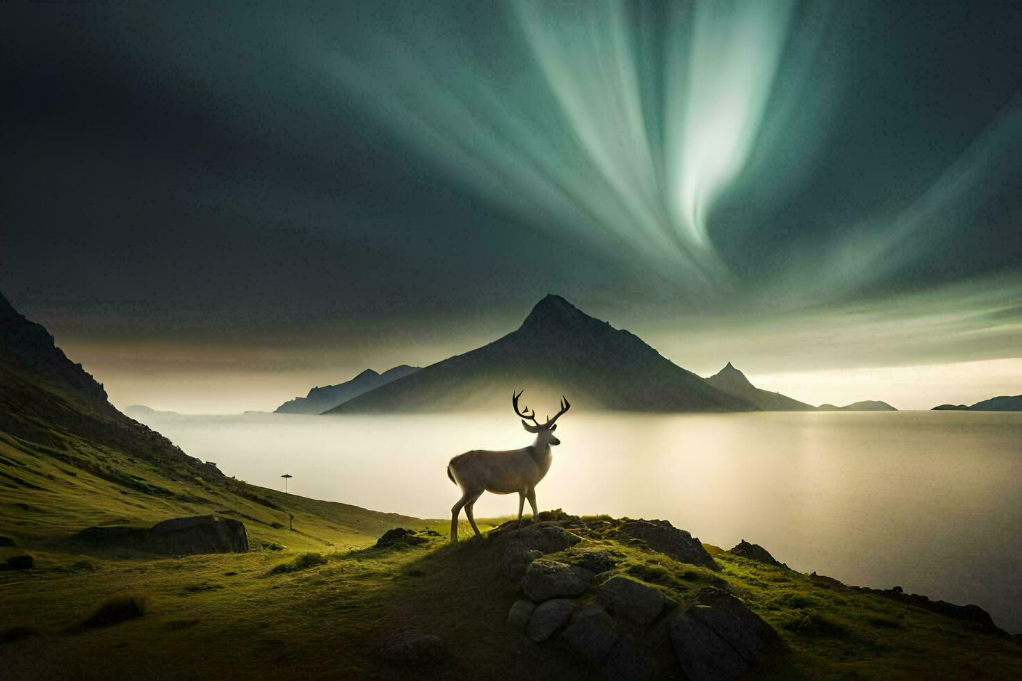 uma veado carrinhos em uma Colina com uma brilhante aurora luz acima isto. gerado por IA foto