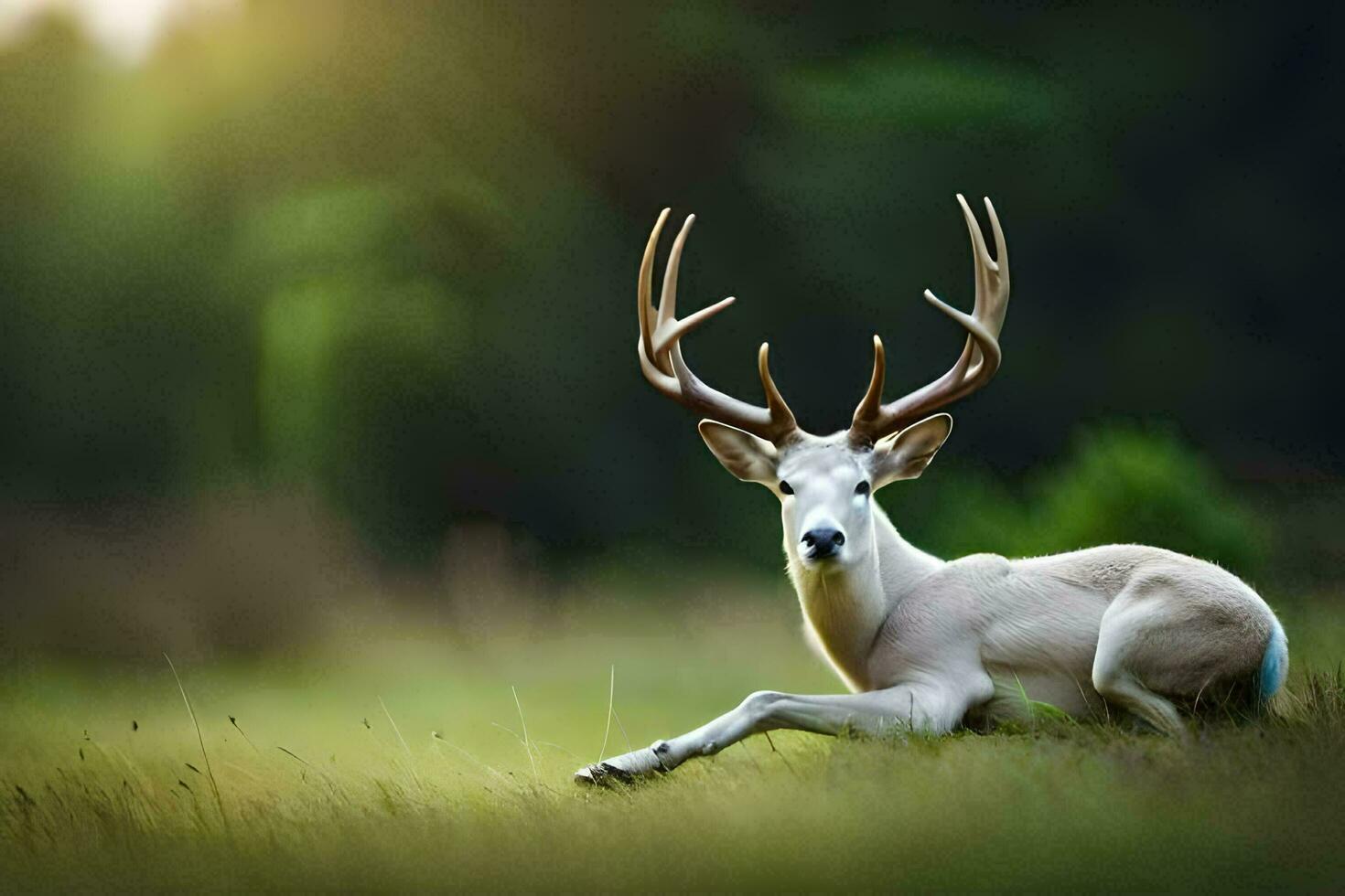 uma branco atado veado com ampla galhadas deitado em a grama. gerado por IA foto