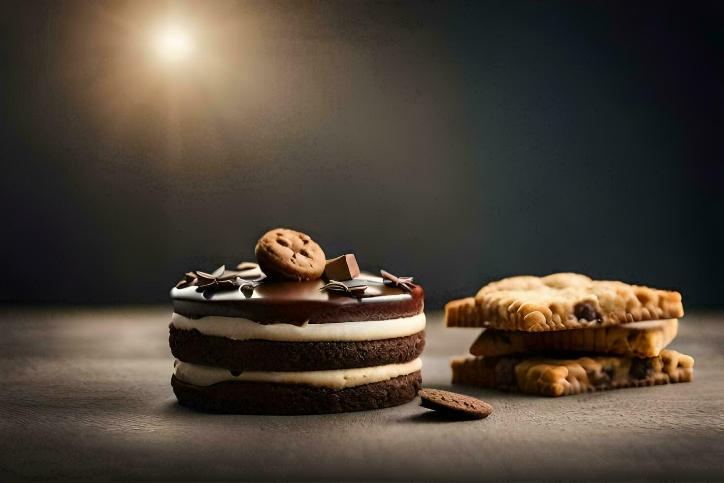 chocolate bolo e biscoitos em uma Sombrio mesa. gerado por IA foto