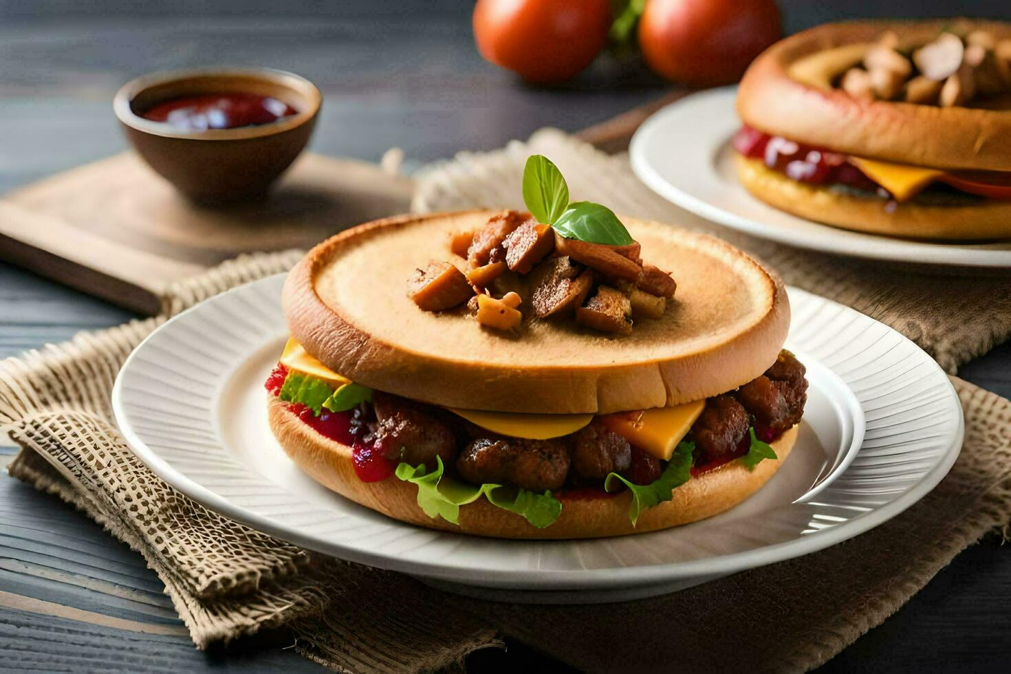 uma sanduíche com carne, queijo e legumes em uma branco placa. gerado por IA foto